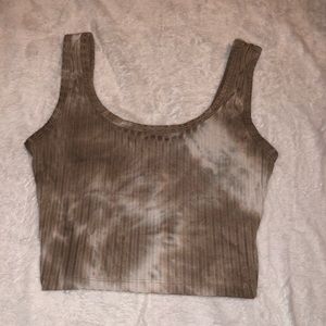 Brown, white, cream, and light blue tie dye crop top